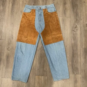 Rare 80s Vintage Suede Front Chap Style Jeans Size 26x30 Adults Western Cowboys - Picture 1 of 13