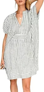 Women's Striped Beach Cover Up Dress Baggy Batwing Sleeve Short Sundress Tunic - Picture 1 of 19