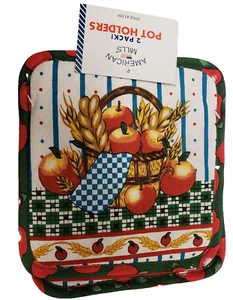 SET OF 2 SAME PRINTED POT HOLDERS, 7" x 7", APPLES & WHEAT IN THE BASKET, AM - Picture 1 of 6