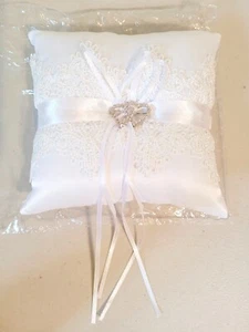 Wedding Ring Bearer Pillow Faux Diamond Hearts White Lace and Satin 6" NIP - Picture 1 of 6