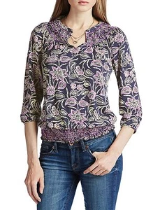 Lucky Brand - Women's S - NWT - Navy & Purple Batik Floral Smocked Hem Knit Top - Picture 1 of 3