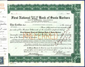 USA CA FIRST NATIONAL TRUST & SAVINGS BANK SANTA BARBARA PREFERRED #1 STOCK 1934 - Picture 1 of 1
