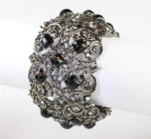 Vintage Style Crystal Cuff Women Fashion Bangle ( Antique Silver, Black / Grey ) - Picture 1 of 1
