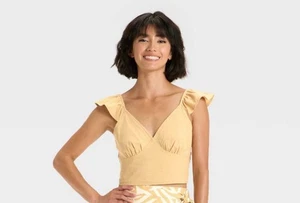 Un nuevo día: Top halter tejido con mangas grandes con volantes marrón para mujer (18) - Imagen 1 de 5