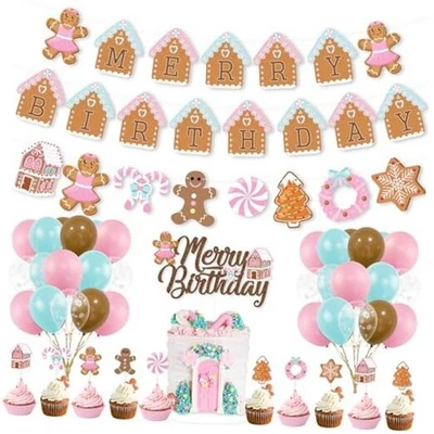  Christmas & Birthday Decorations - Pink Gingerbread Man Merry Birthday Theme  - Image 1 of 4