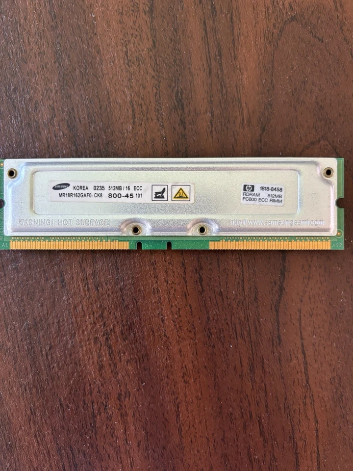 Samsung 512MB 800-45 PC800 ECC RIMM RDRAM Memory MR18R162GAF0-CK8 HP 1818-8458 - Image 1 of 4