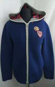 Luis Trenker Wool Jacket SZ L Alpine Cardigan Indigo Hooded Zip Blazer Logo π - Picture 1 of 9