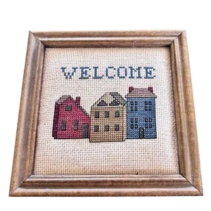 VTG 80’s Needlepoint Stitched Neighborhood Welcome Sign Wood Framed 6X6 Square - Picture 1 of 2