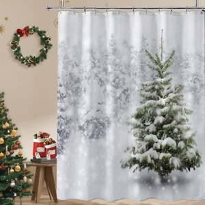 Christmas Shower Curtain White Winter Forest Snowfall Bathroom Shower Curtain... - Picture 1 of 6