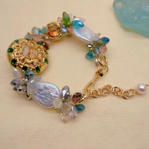 8.5" White Keshi Pearl Multi Color Crystal Murano Glass Beaded Bracelet - Picture 1 of 6