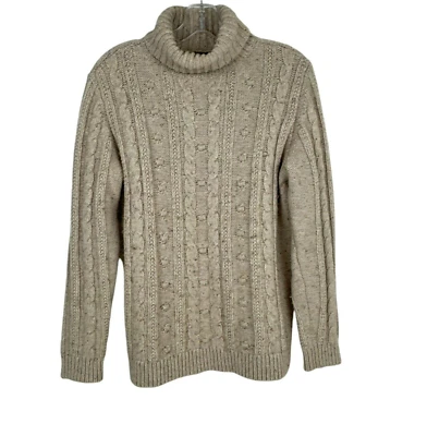 Land's End Women's Fisherman Cable Knit Sweater L Cotton Blend Cream Turtleneck - Image 1 of 4