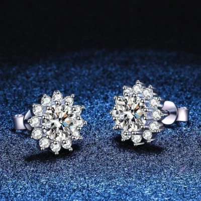 2.5ct Moissanite 11.5mm Sunflower Halo Stud Earrings White Gold-Plated Silver - Image 1 of 3