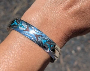 Brazalete Navajo Incrustación Turq Plata Esterlina Firmado Joyería Nativa Talla 7 - Imagen 1 de 9