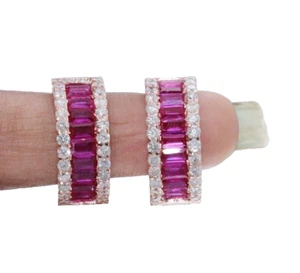 1.82ct Natural Round Diamond Ruby 14K Solid Rose Gold Wedding Hoop Earrings - Picture 1 of 18