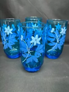 Set of 4 ~ Libbey "BLUE MEADOWS" Floral ~ Glass Tumblers ~ 5" Tall - Picture 1 of 8