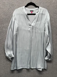 Vince Camuto Women’s 2X Split-Neck Blouse Silver Gray Satin Crinkle Long Sleeve - Picture 1 of 6