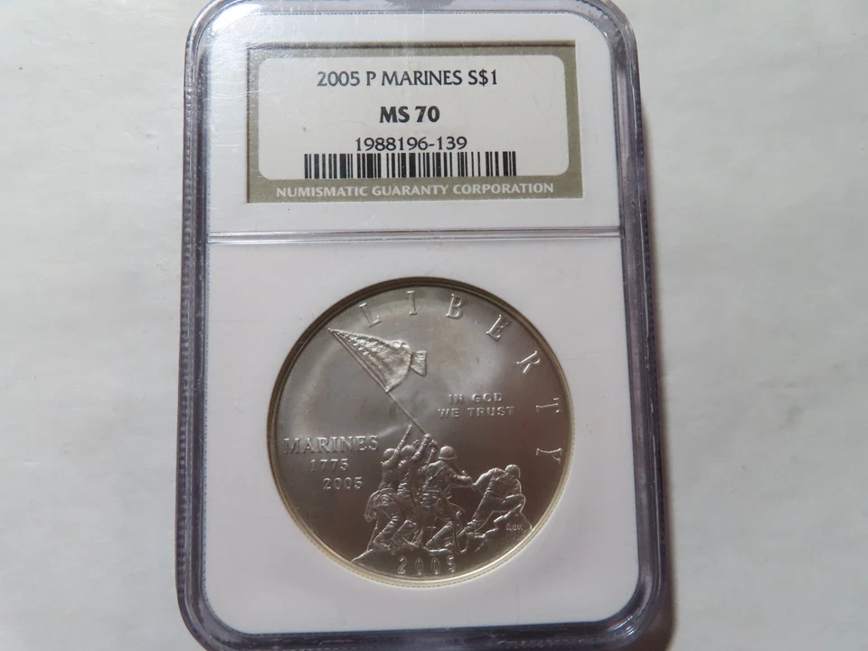 Q61 US Marines 2005 SILVER Dollar NGC MS-70 - Image 1 of 2