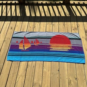 Vintage IPANEMA Abstract Sunset Sailboat Rare Beach Towel - Picture 1 of 9