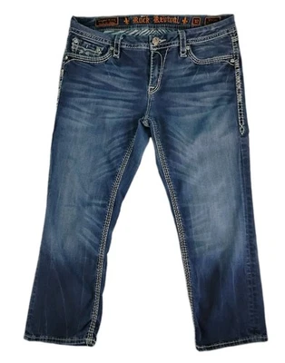 Pantalones de mezclilla capri Rock Revival Easy para mujer talla 32 azul Vivian desgastado adornado  Foto 1 de 4