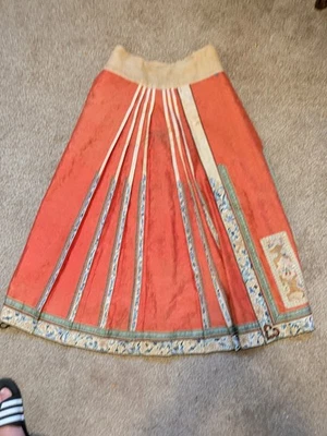 Antique Chinese Qing Dynasty Silk Skirt Embroidery Orange - Image 1 of 4