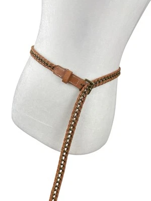 J.Crew Belt Women S-M Leather Brass Woven Skinny Brown Gold Classic Elegant - Image 1 of 4