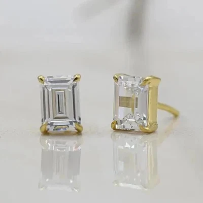 Women's Solitaire Lab Grown Diamond Stud Earring 2Ct Emerald Cut 14K Yellow Gold - Image 1 of 4