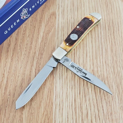 Queen Mini Trapper Pocket Knife 1095HC Steel Clip/Spey Blades Jigged Bone Handle - Image 1 of 4