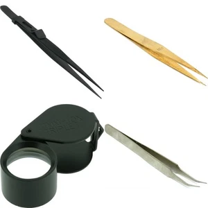 'Diamond & Gem Stone Tweezers, Brass Anti-Magnetic Tool, 10X Loupe' - Picture 1 of 5