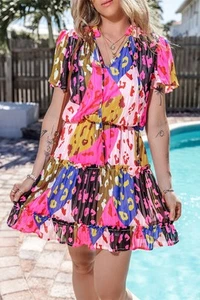 Printed Tie Neck Short Sleeve Mini Dress - Picture 1 of 7