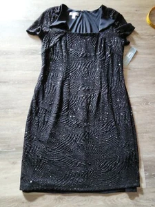 London Times Sparkly Stretchy Little  Black Cocktail Dress Back Zipper size 16 - Picture 1 of 5