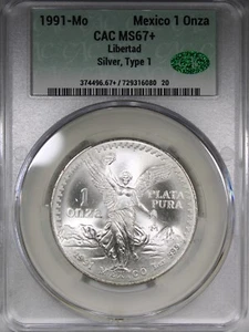 1991-Mo Mexico One Silver Libertad Onza Type 1 CAC MS67+ PLUS - Picture 1 of 2