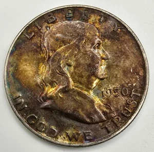 1950 D Franklin mezzo dollaro RAINBOW TONED AU lo classifichi! Argento 90% Spedizione Gratuita! - Foto 1 di 4