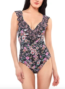 Jessica Simpson L83615 Ruffle Trim Floral Print One Piece Swimsuit Size Medium - Picture 1 of 3