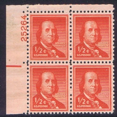 1954-68 Ben Franklin Plate Block of 4 1/2 c Postage Stamps - Sc# 1030, MNH, OG - Image 1 of 1