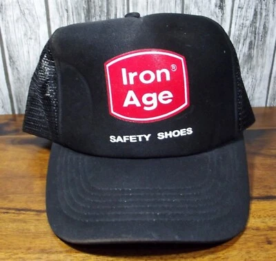 Zapatos de seguridad vintage de la Edad del Hierro publicidad granjero/camionero sombrero a presión Foto 1 de 4