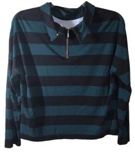 Chicos Womens Polo Shirt Blue Stripe Long Sleeve Zip Collar Stretch Top L 2 - Picture 1 of 5