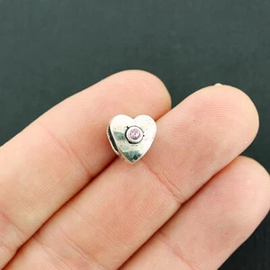Heart Spacer Metal Beads 10mm - Silver Tone Pink Rhinestone - 4 Beads - SC1780 - Picture 1 of 2