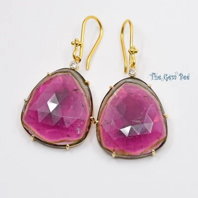 Pendientes rebanadas de turmalina sandía 45 quilates con detalles de diamantes de oro amarillo macizo de 18 quilates Foto 1 de 4