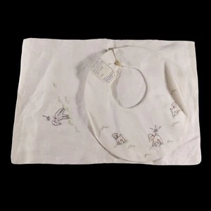 VTG Linen Baby Bib Matching Handkerchief Madeira Embroidered Lamb Butterfly - Picture 1 of 10