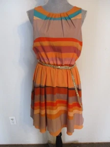 Jessica Simpson FAB! Orange Teal Brown Sleeveless Striped Pleated Tea Dress 10 - Picture 1 of 6