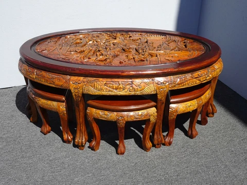 Vintage Chinese Asian Ornately Carved Golden Brown Coffee Table w Four Stools Cover