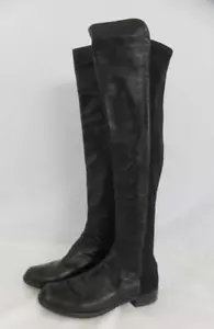 Stuart Weitzman 5050 Black Leather Pullon Over Knee Boots Round Toe SZ US 7 1/2" - Picture 1 of 7