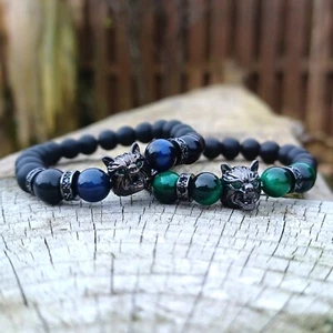 Stone Wolf Bracelet Viking Natural 8mm Beads Blue Green Gemstone Bracelet - Picture 1 of 9