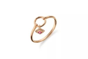 Simulated Ruby & Moissanites Open Circle Dangle Style Ring Real 10K Rose Gold - Picture 1 of 5