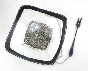 Georges Briard Square Cocktail Bowl w/Fork Wide Trim Edge Gold Floral 6.5" F34 - Picture 1 of 9