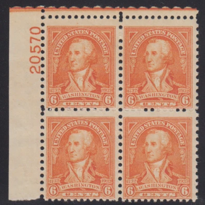 U.S. Sc #711 6 Cent George Washington Bicentennial Plate Block VLH - Image 1 of 2