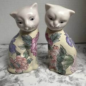 Pair Vintage Asian Lotus Flower Tattoo Cat Figurines Ceramic Handpainted China - Picture 1 of 9