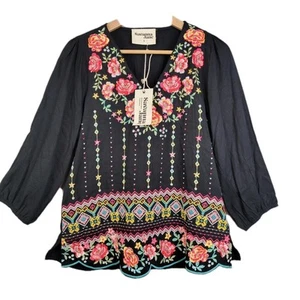 Savanna Jane Bluse~Größe S~schwarz~Aster bestickt~Boho Hippie Bauer~Neu mit Etikett - Bild 1 von 5
