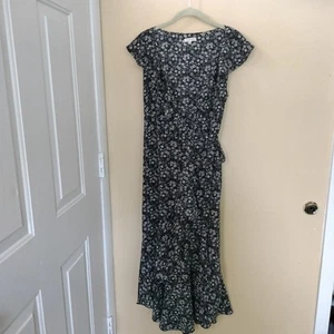 Max Studio Ruffle Ditzy Floral Black White High Low Hem Wrap Dress M Vacation - Picture 1 of 10