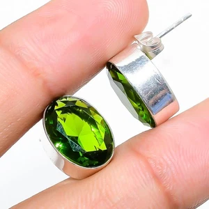 Green Peridot Gemstone 925 Sterling Silver Jewelry Stud Earring Size 0.75" - Picture 1 of 1